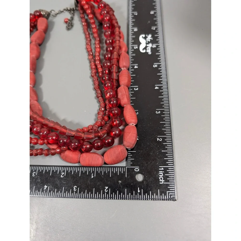Red Glass Multi Strand Statement Necklace Frosted Beaded Layered‎ 22